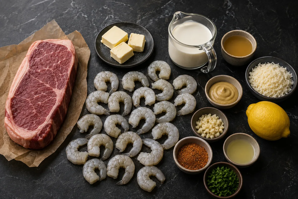 Ingredients for steak with Cajun shrimp sauce including New York strip, raw shrimp, butter, cream, broth, Parmesan, Dijon, garlic, lemon, parsley, and Cajun seasoning