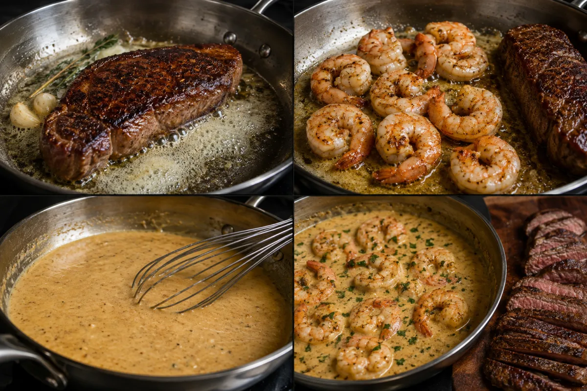 Four stages showing New York strip searing, shrimp cooking, Cajun cream sauce simmering, and shrimp returned to the Parmesan sauce beside rested sliced steak