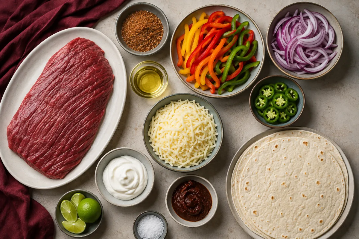 Ingredients for steak fajita quesadillas with skirt steak, tortillas, Monterey Jack, bell peppers, red onions, jalapeños, lime, sour cream, chipotle puree, oil, and seasonings