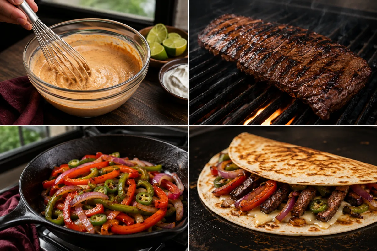 Four stages showing chipotle lime sauce mixed, seasoned steak grilled and sliced, peppers and onions charred, and a steak fajita quesadilla folded and crisped
