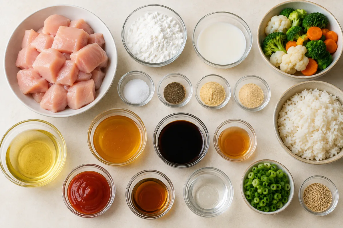 Ingredients for sticky honey garlic chicken with chicken, cornstarch, seasonings, oil, honey, soy sauce, garlic, vinegar, ketchup, sesame oil, rice, and vegetables