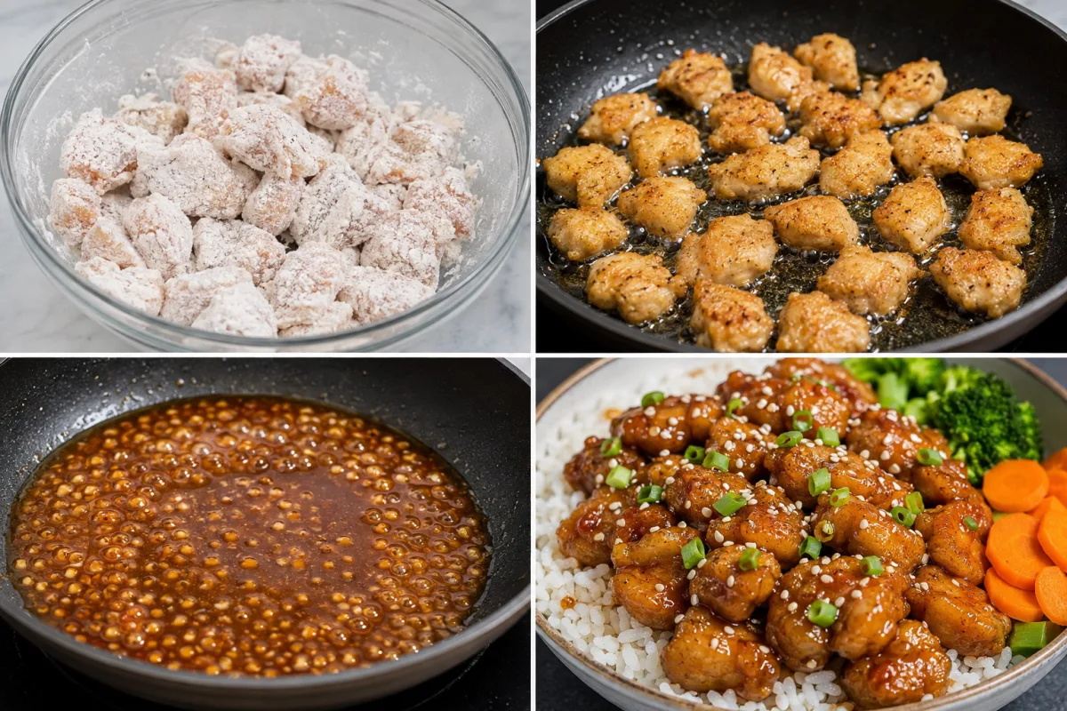 Four stages showing chicken coated with cornstarch, fried until crisp, honey garlic sauce thickened, and glazed chicken served over rice