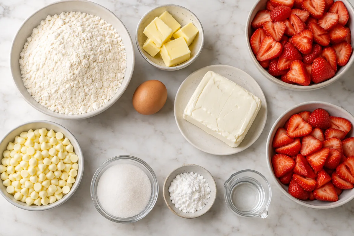 Ingredients for strawberries and cream bars with sugar cookie mix, butter, egg, cream cheese, white chocolate, strawberries, sugar, cornstarch, and water