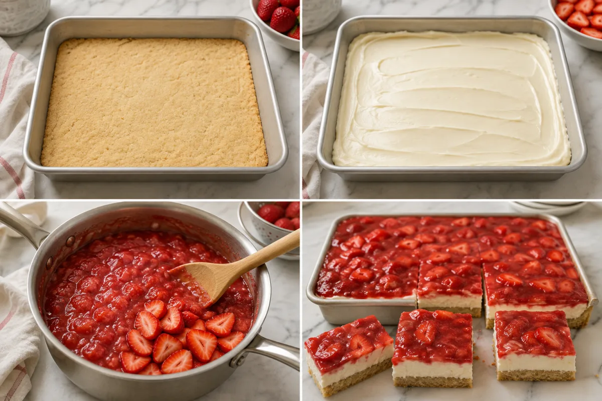Four stages showing sugar cookie crust baked, white chocolate cream cheese spread over the crust, strawberry sauce cooked, and chilled layered bars cut into squares
