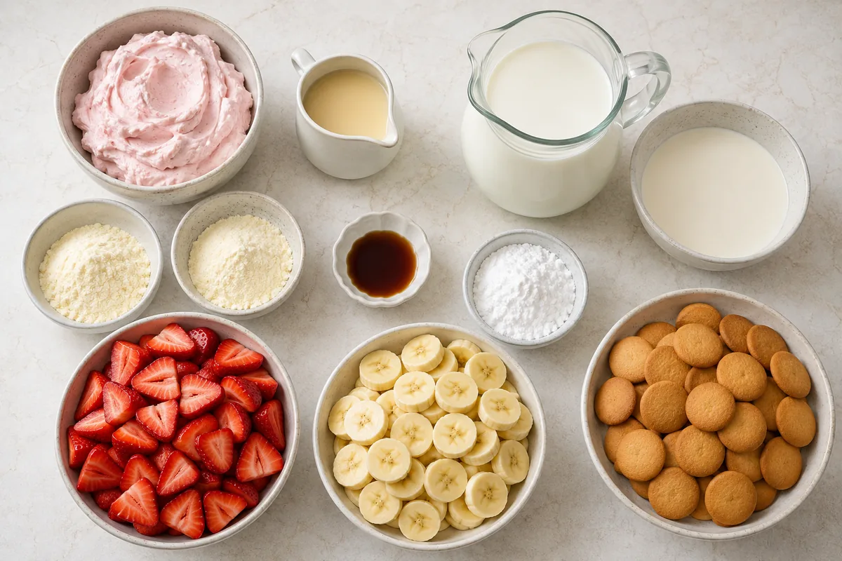 Ingredients for strawberry banana pudding with strawberry cream cheese, condensed milk, vanilla pudding mix, milk, cream, sugar, vanilla, strawberries, bananas, and wafers