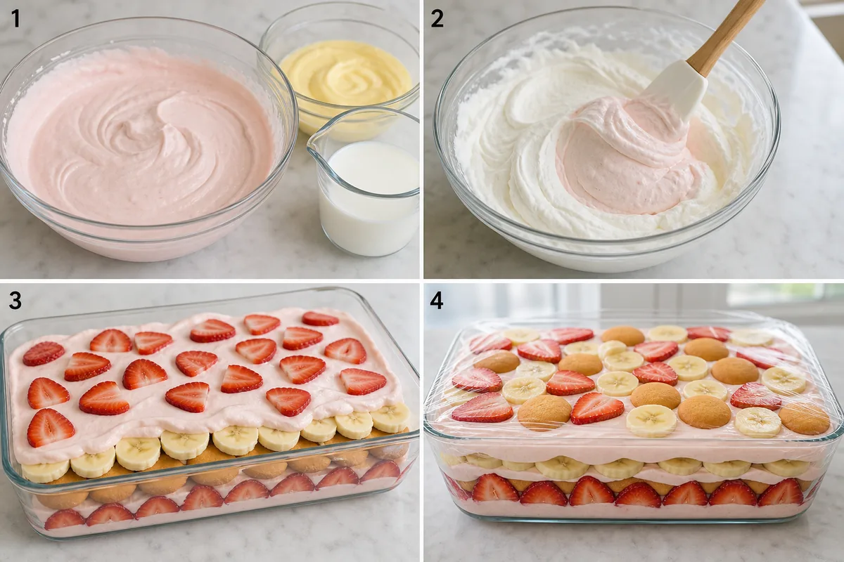 Four stages of strawberry banana pudding showing pink pudding mixed, whipped cream folded in, fruit wafers and pudding layered, and the completed dish covered to chill