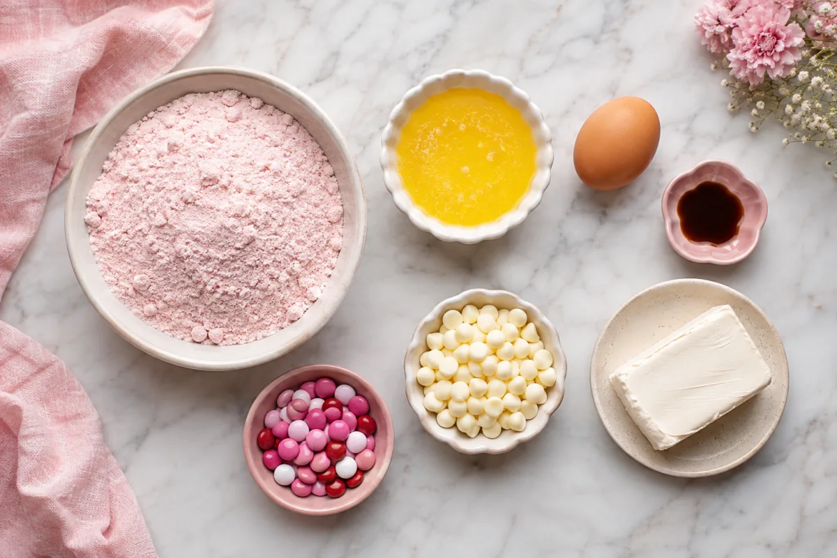 Ingredients for pink strawberry cookies including strawberry cake mix, butter, egg, vanilla, cream cheese, white chips, and candy pieces