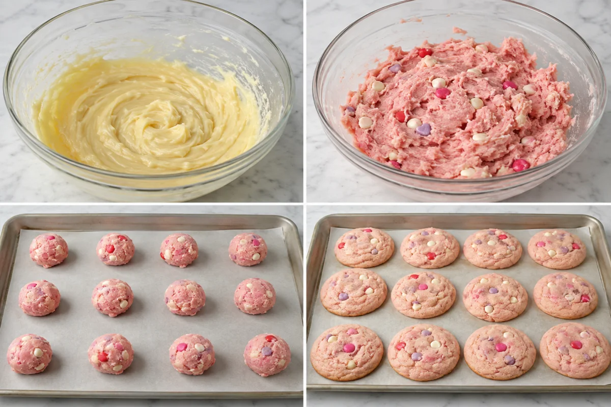 Four stages showing cream cheese mixture blended, pink dough mixed, dough balls chilled, and soft pink cookies baked