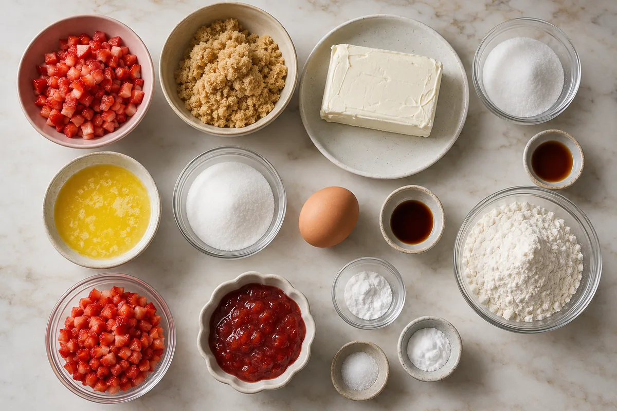 Ingredients for strawberry cheesecake cookies with strawberries, cream cheese, butter, flour, egg, sugars, vanilla, baking powder, baking soda, and salt