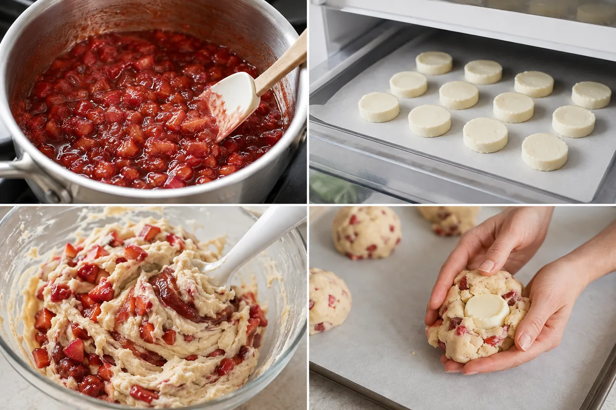 Four stages of strawberry cheesecake cookies showing cooked jam, frozen cheesecake discs, strawberry dough, and a cream cheese center sealed inside dough
