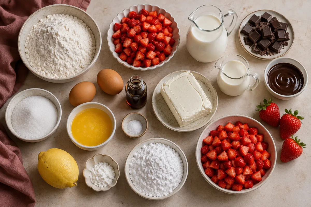 Ingredients for strawberry cheesecake crepes including flour, eggs, milk, butter, cream cheese, cream, strawberries, lemon, sugar, vanilla, and dark chocolate