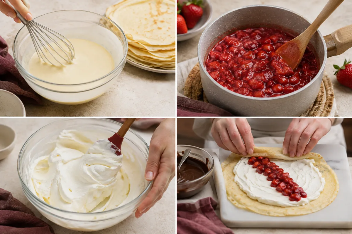 Four stages for strawberry cheesecake crepes: whisking batter, cooking strawberry compote, folding the cheesecake filling, and rolling a filled crepe