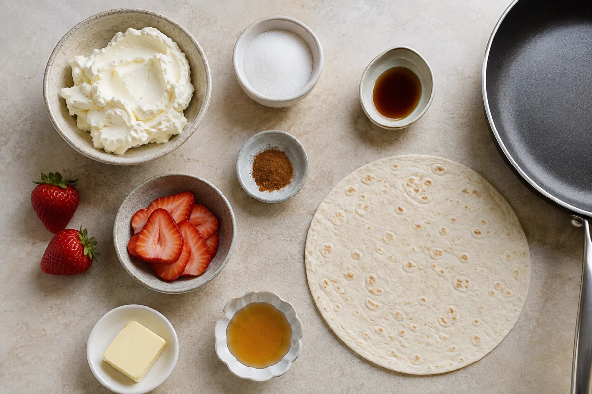 Cream cheese, strawberries, flour tortilla, sugar, cinnamon, vanilla, butter, and honey