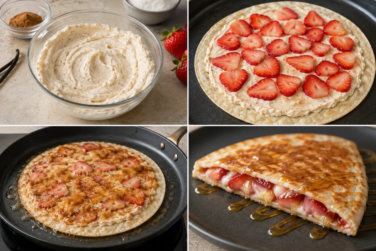 Four stages showing cheesecake filling, strawberries on tortilla, stovetop cooking, and folded dessert quesadilla
