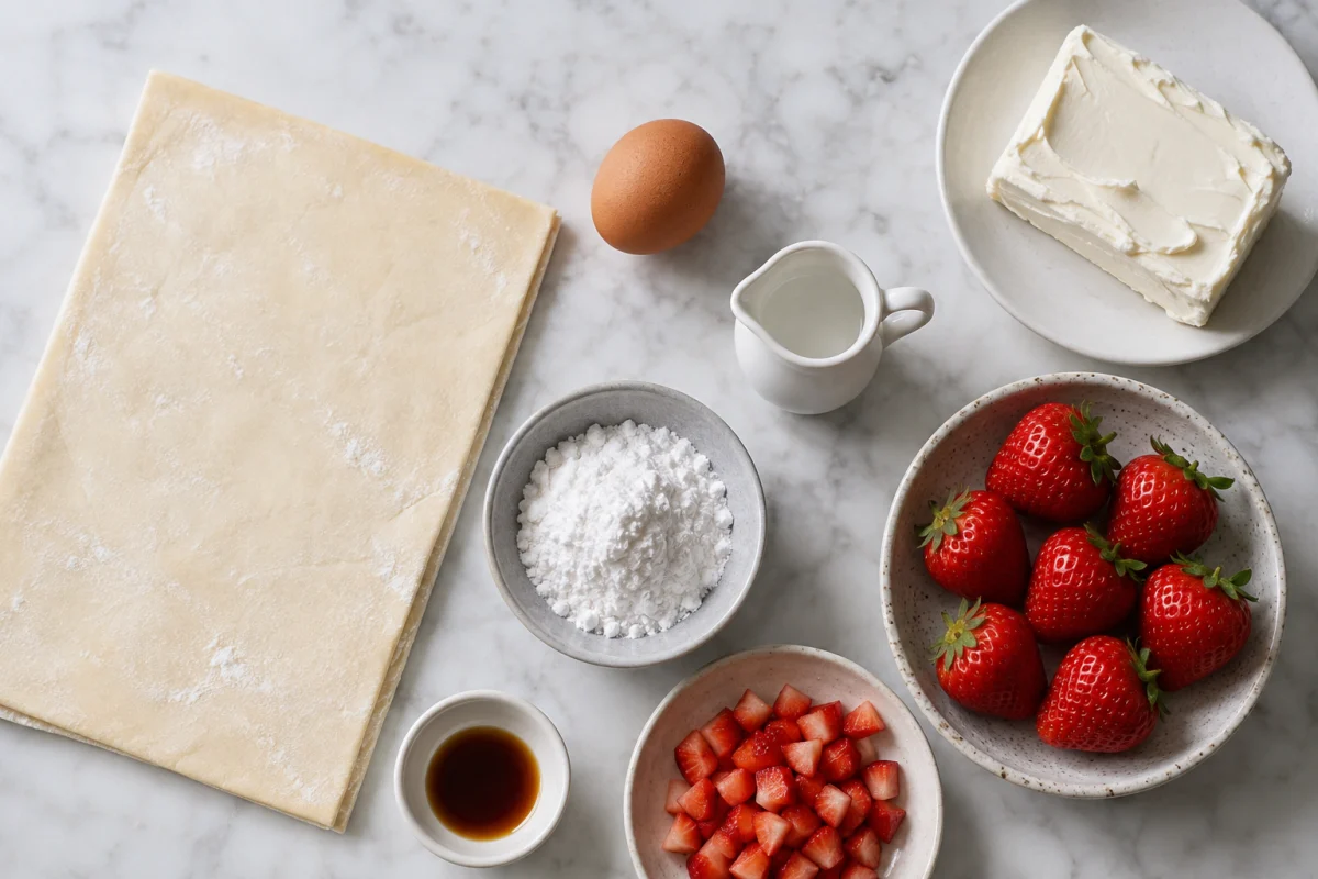 Puff pastry, cream cheese, powdered sugar, vanilla, egg, water, and fresh strawberries for cheesecake turnovers
