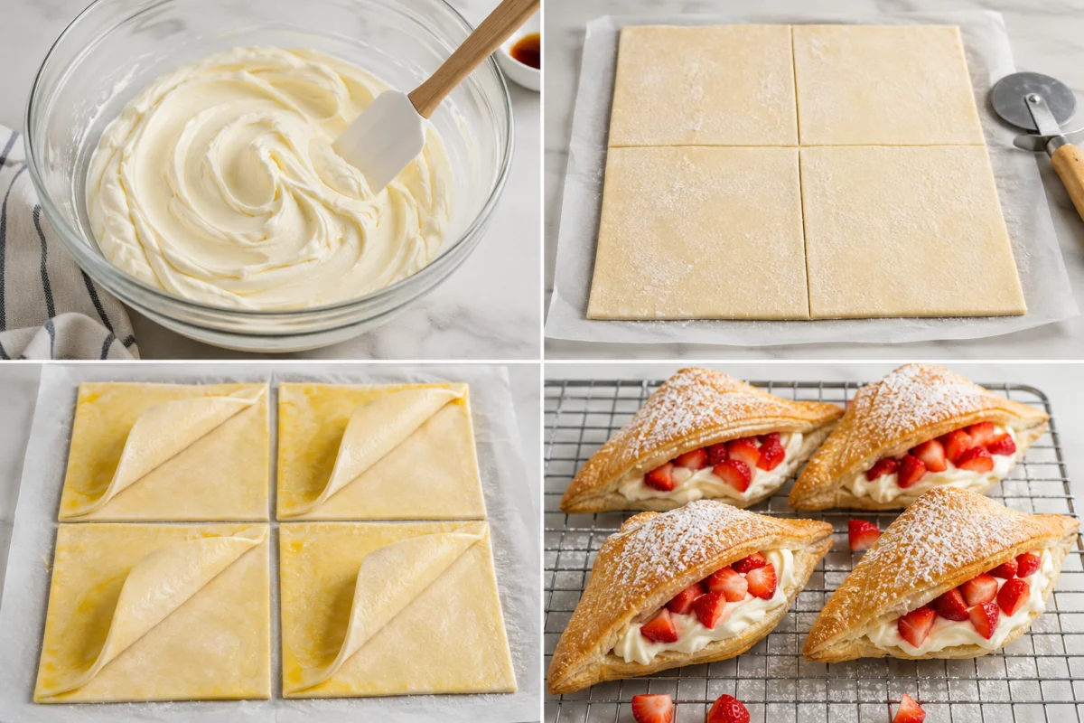 Four stages showing cheesecake filling mixed, puff pastry cut into squares, turnovers folded for baking, and cooled pastries filled with strawberries