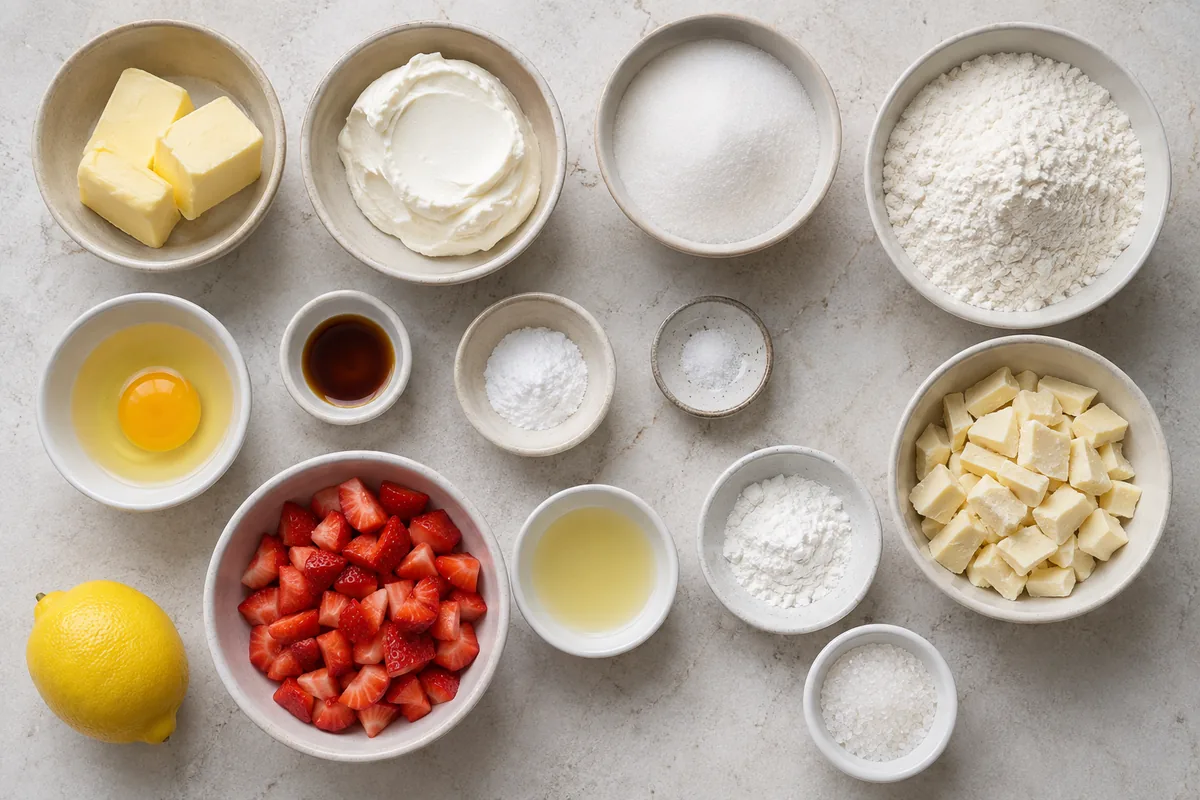 Ingredients for strawberry white chocolate cookies with fresh strawberries, lemon, white chocolate, butter, cream cheese, egg, flour, sugar, vanilla, baking powder, and salt