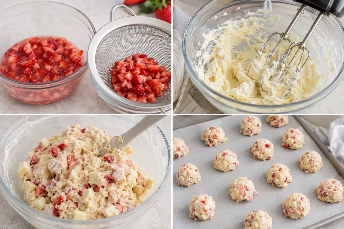Four stages of strawberry white chocolate cookies showing drained berries, creamed butter and cream cheese, folded cookie dough, and chilled portions
