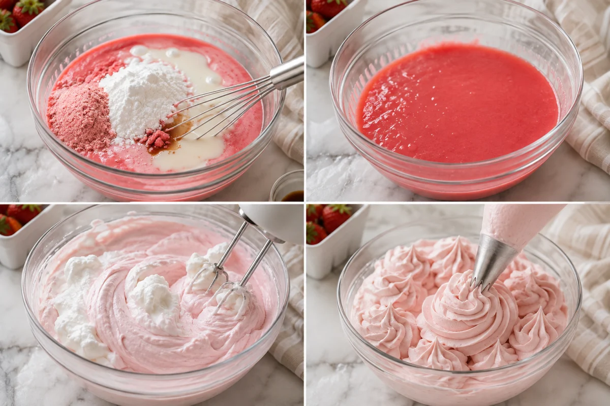 Four stages showing strawberry gelatin base mixed, chilled until thick, whipped topping incorporated, and pink frosting piped into stiff swirls
