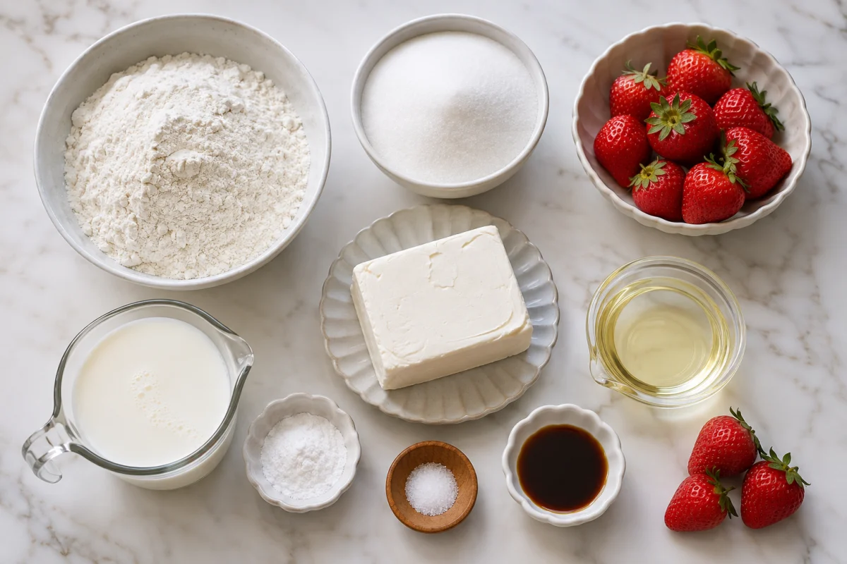 Ingredients for strawberry cream cheese muffins including flour, sugar, baking powder, salt, milk, cream cheese, oil, vanilla, and fresh strawberries