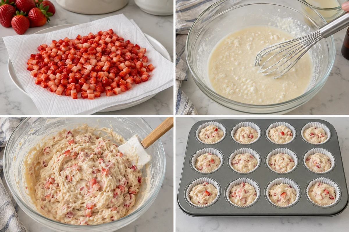 Four stages showing strawberries chopped and dried, cream cheese milk mixture whisked, berries folded into batter, and twelve muffin cups filled