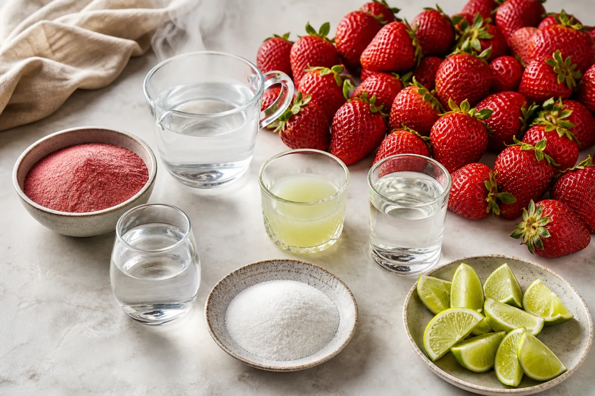 Ingredients for strawberry daiquiri jello shots including fresh strawberries, strawberry gelatin, lime juice, white rum, water, sugar, and lime wedges