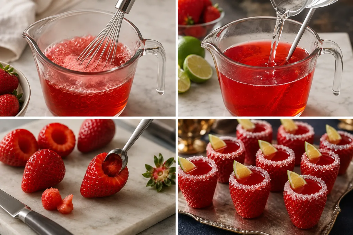 Four stages showing strawberry gelatin being mixed, rum and lime added, fresh strawberries hollowed, and chilled strawberry jello shots garnished with lime