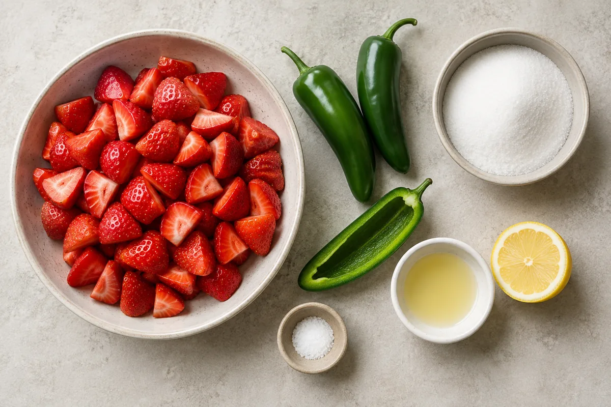Ingredients for strawberry jalapeno jam with quartered strawberries, seeded green jalapenos, sugar, lemon juice, and salt