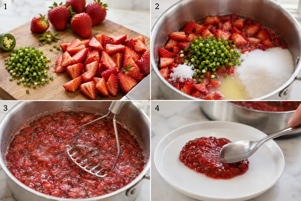 Four stages of strawberry jalapeno jam showing prepared fruit and peppers, ingredients in a saucepan, simmering mashed berries, and a cold-plate test