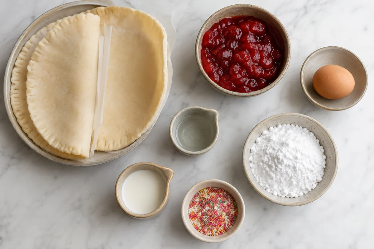 Ingredients for homemade strawberry pop tarts including pie crust, strawberry preserves, egg, water, powdered sugar, milk, and colorful sprinkles