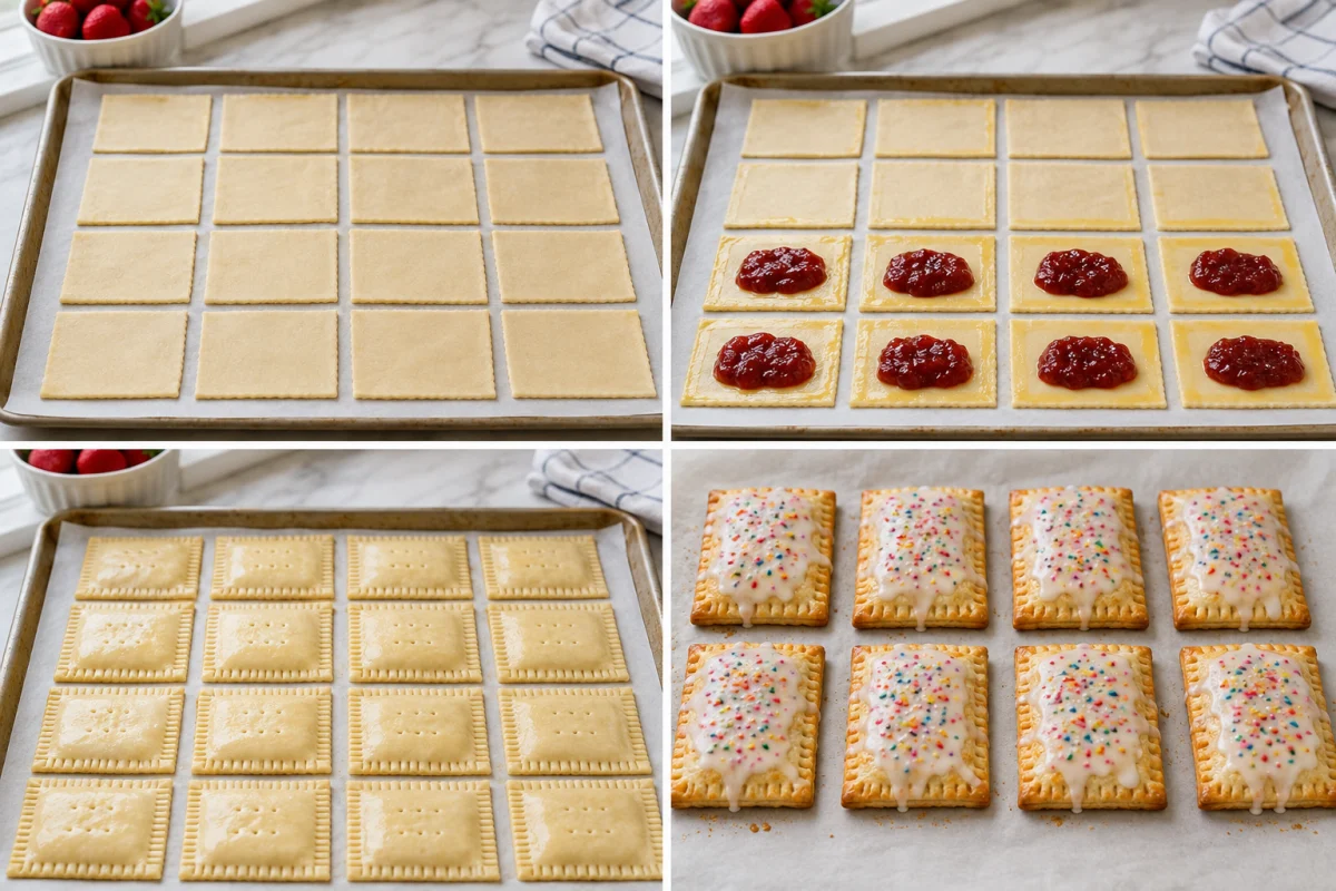 Four stages showing pie dough cut into rectangles, strawberry filling added, pastries crimped and vented, and eight baked pop tarts glazed with sprinkles