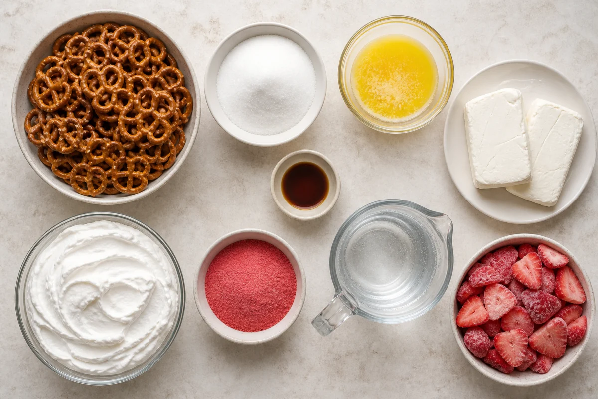 Ingredients for strawberry pretzel salad including pretzels, sugar, butter, cream cheese, whipped topping, gelatin, and frozen strawberries