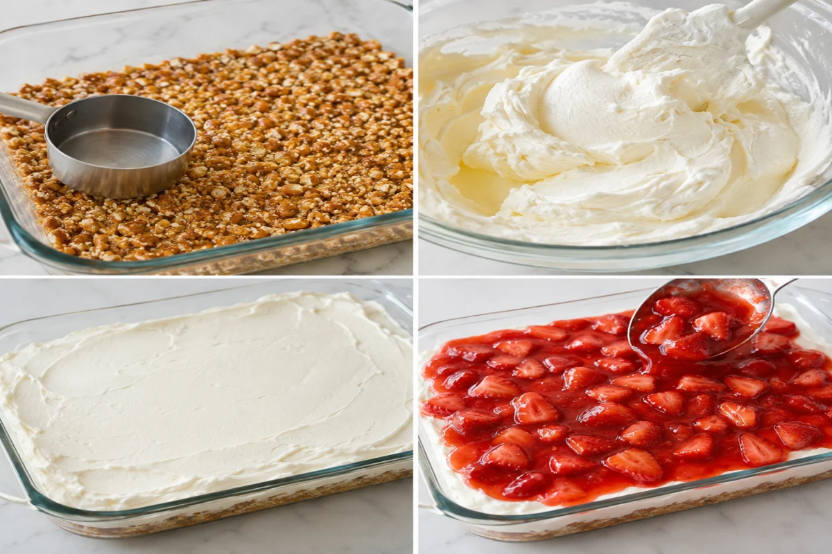 Four stages showing pretzel crust pressed into a dish, cream filling mixed, filling spread to the edges, and strawberry topping added