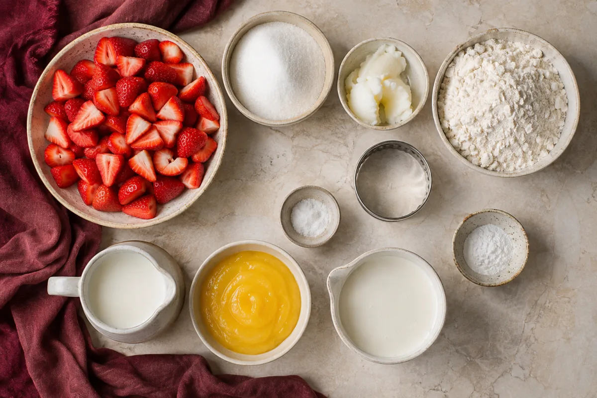 Ingredients for strawberry shortcake with sliced strawberries, sugar, flour, shortening, milk, baking powder, salt, lemon curd, and heavy cream