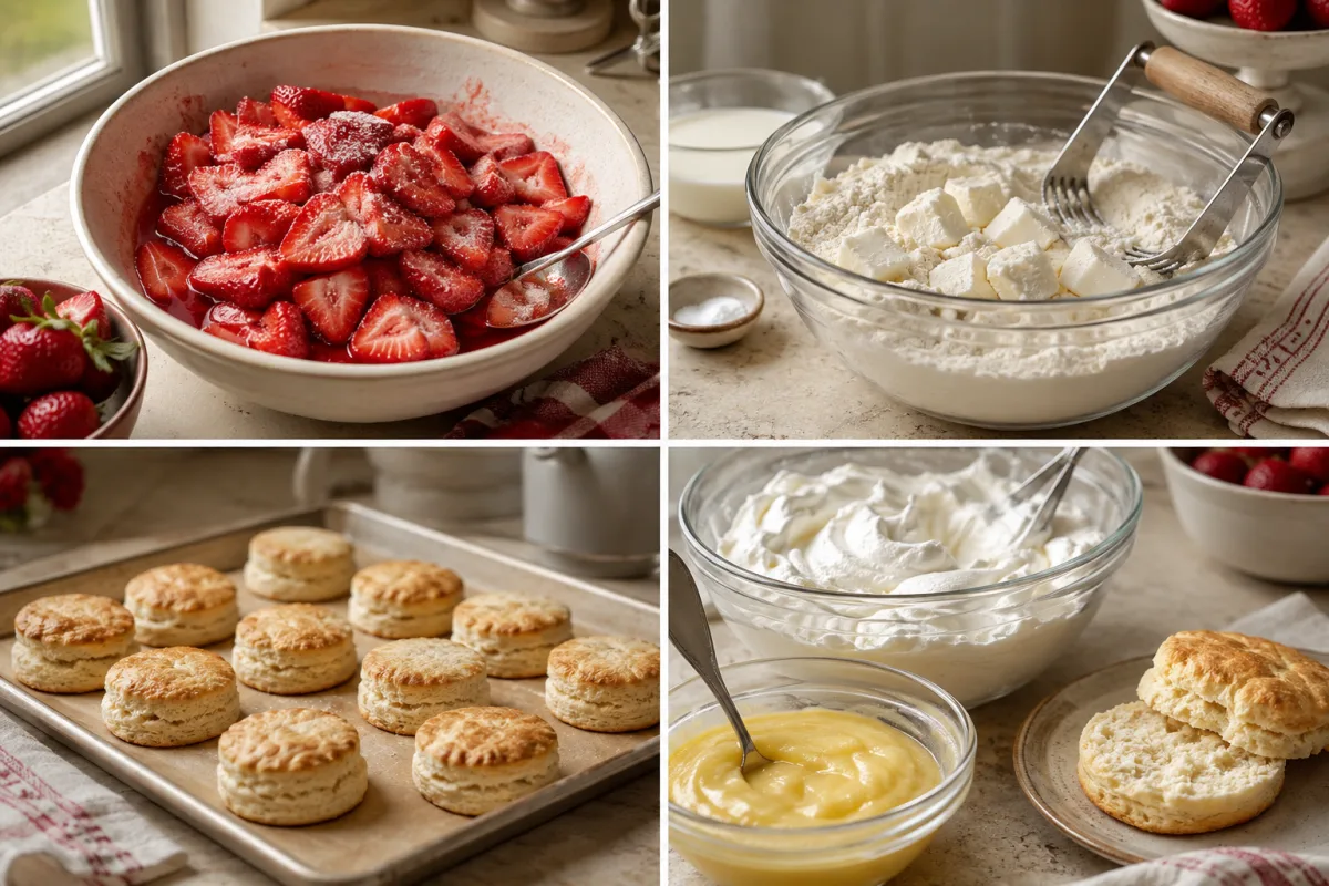 Four stages showing strawberries macerating with sugar, shortening cut into flour, shortcake rounds cut from dough, and baked shortcakes layered with berries and lemon cream