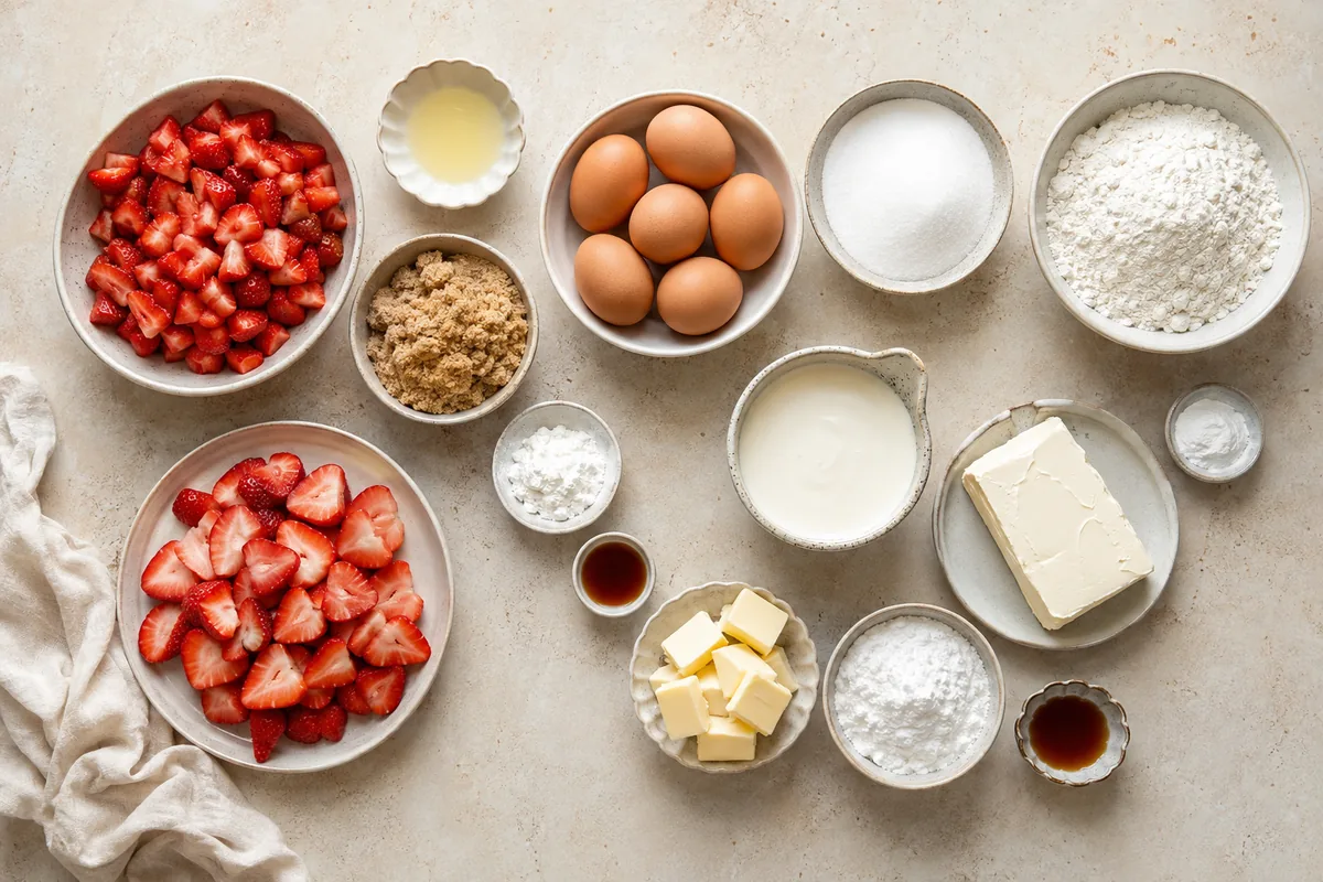 Ingredients for strawberry sponge cake with fresh strawberries, eggs, flour, sugar, cream cheese, butter, cream, lemon, cornstarch, vanilla, and baking powder