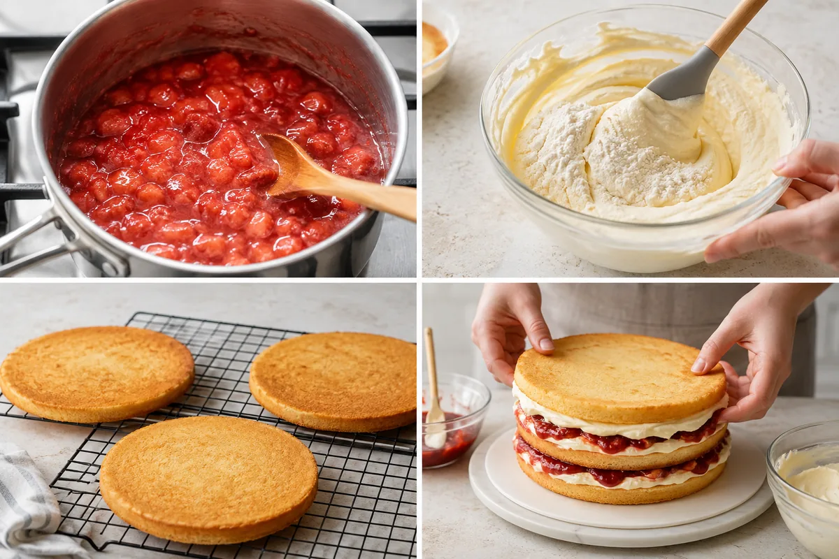 Four stages of strawberry sponge cake showing berry filling, folded sponge batter, cooled cake layers, and layer assembly