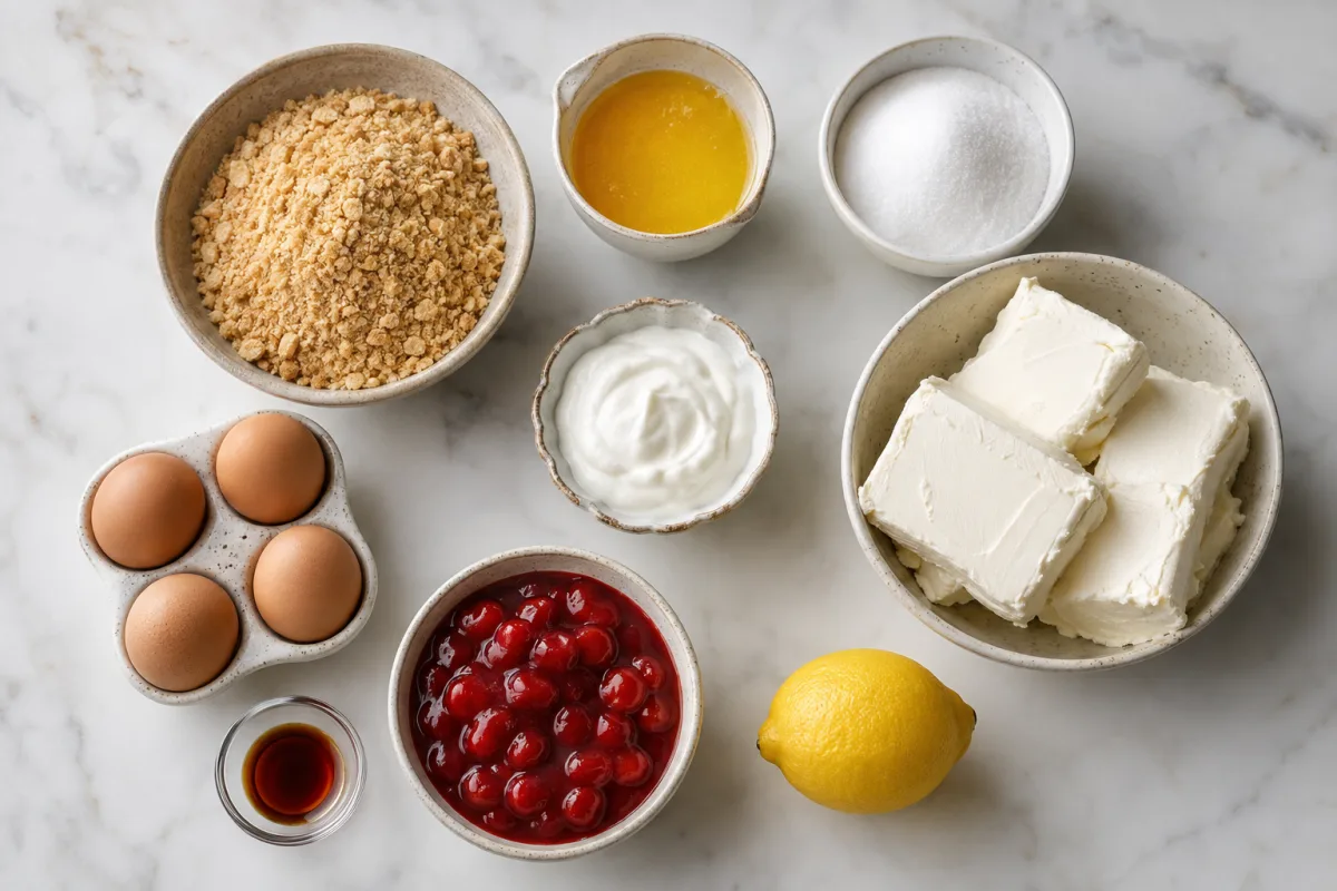Ingredients for strawberry swirl cheesecake with vanilla wafer crumbs, butter, sugar, cream cheese, eggs, Greek yogurt, vanilla, strawberry pie filling, and lemon