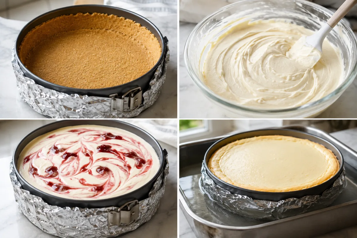Four stages showing vanilla wafer crust pressed in a springform pan, cream cheese filling mixed, strawberry sauce swirled into batter, and cheesecake baked in a water bath