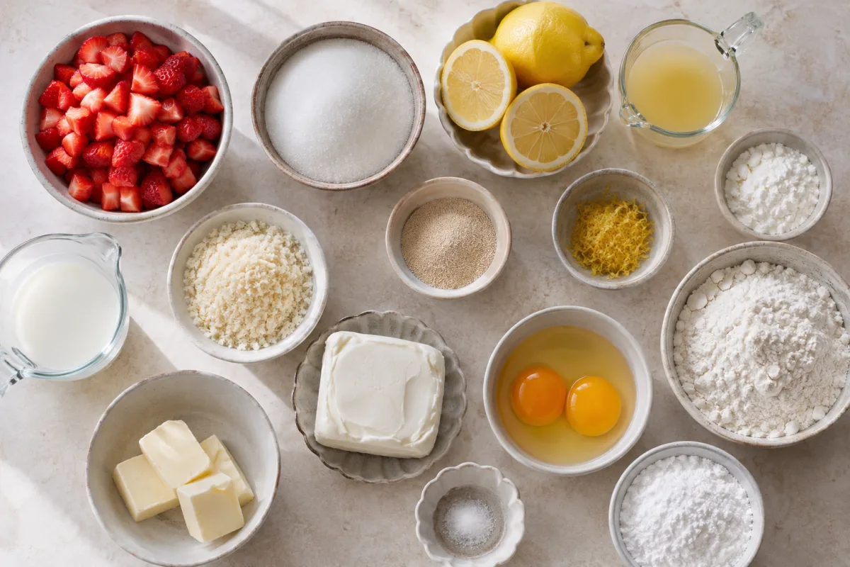 Ingredients for strawberry twists with lemon glaze including fresh strawberries, lemon, sugar, cornstarch, flour, yeast, milk, potato flakes, butter, eggs, cream cheese, and powdered sugar