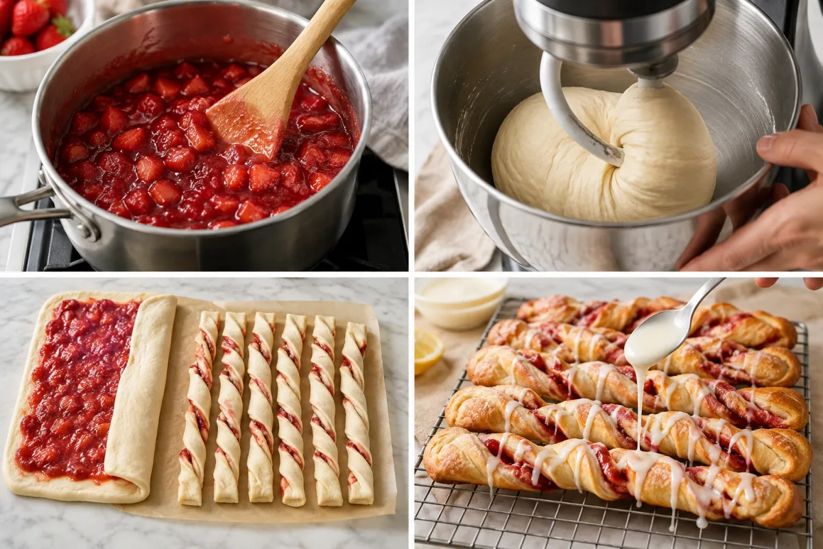Four stages showing strawberry filling cooked, yeast dough kneaded, filled dough cut and twisted, and golden strawberry twists drizzled with lemon glaze