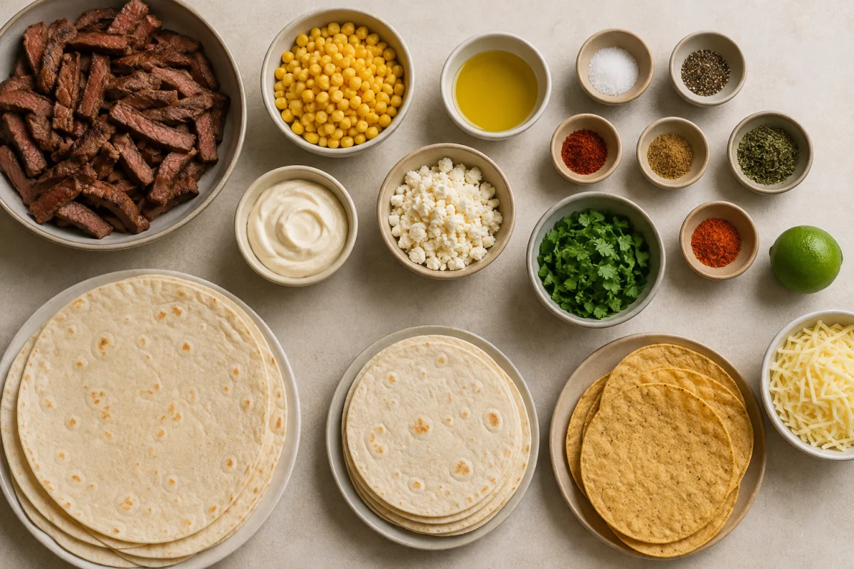 Ingredients for street corn steak crunch wraps including steak, corn, spices, mayonnaise, queso fresco, cilantro, lime, large and small tortillas, tostadas, and shredded cheese