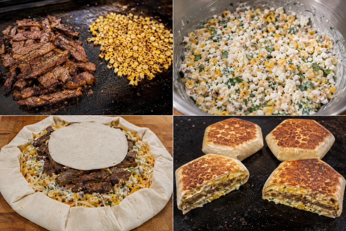 Four stages showing steak and corn browning, street corn mixed, layered crunch wrap folded, and four golden wraps with one cut open
