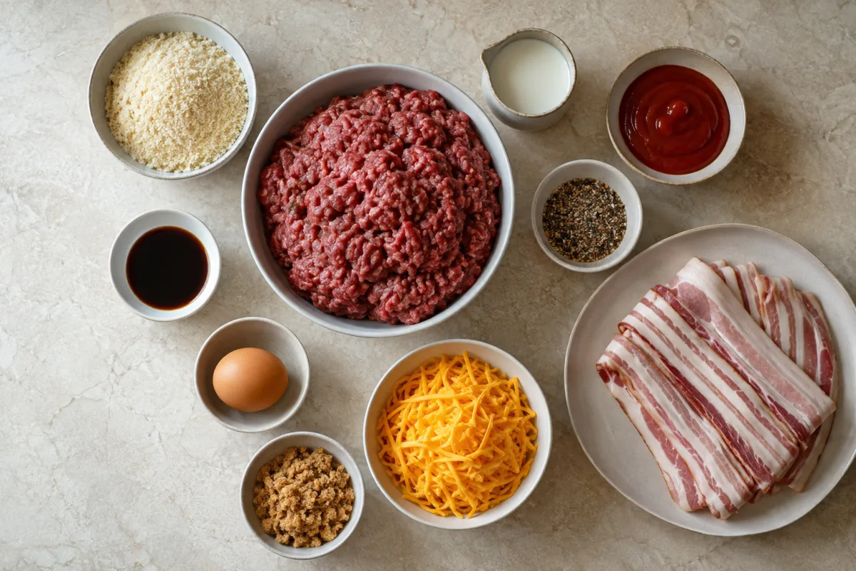 Ingredients for stuffed bacon-wrapped meatloaf with ground beef, panko, milk, ketchup, steak seasoning, Worcestershire, egg, brown sugar, cheddar, and bacon