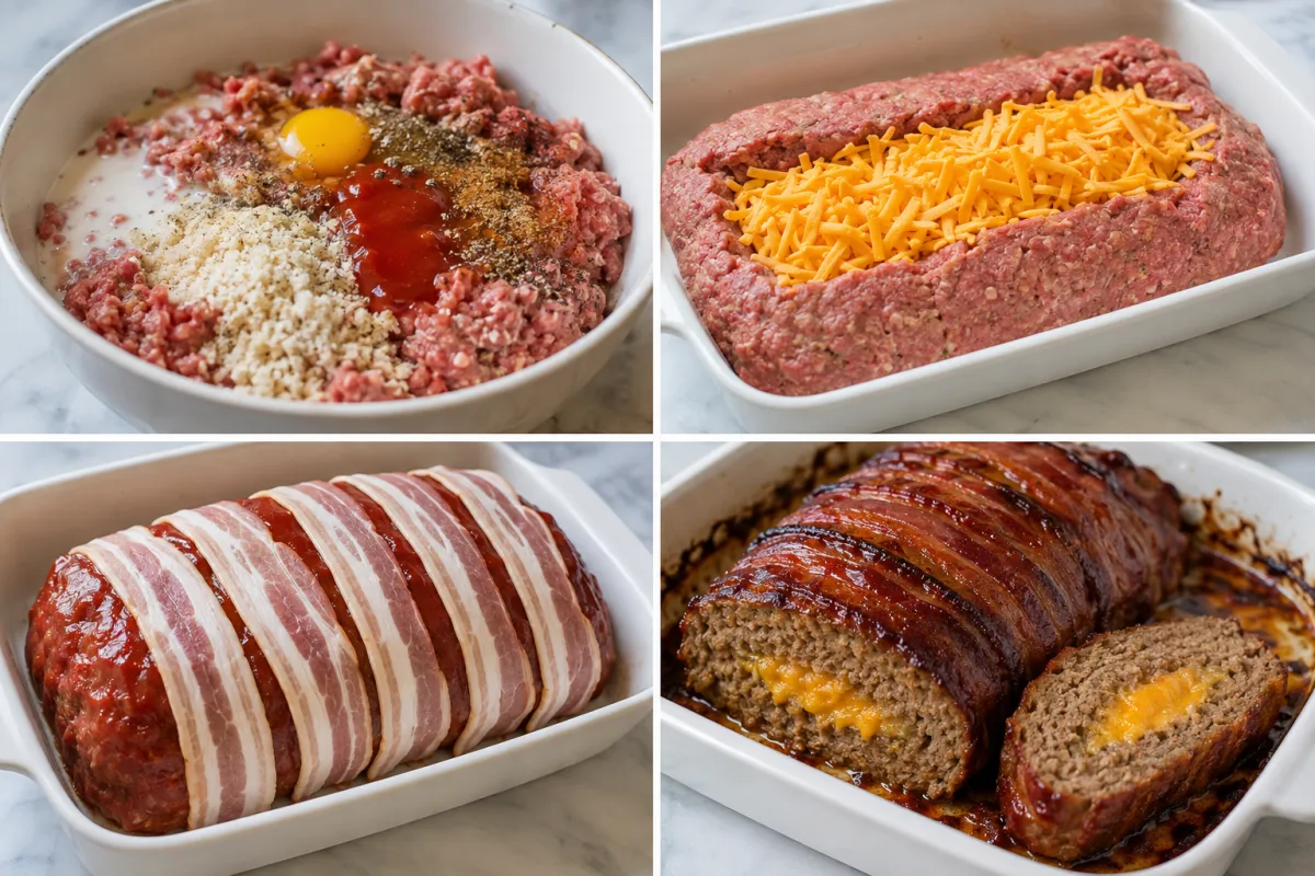 Four stages showing meatloaf mixture, cheddar filling inside shaped beef, glazed loaf wrapped in bacon, and baked meatloaf sliced to reveal melted cheese