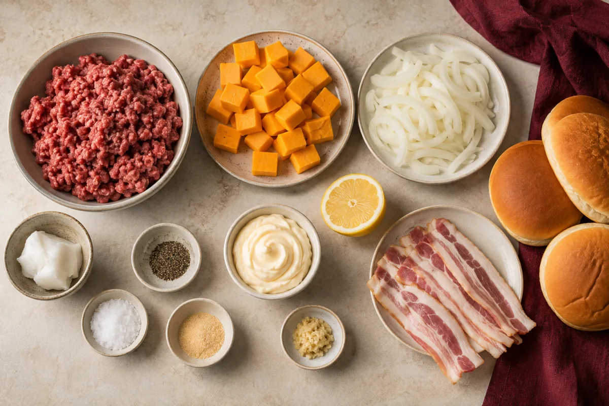 Ingredients for stuffed patty melts with ground beef, cheddar cubes, onions, bacon, buns, mayonnaise, garlic, lemon, tallow, salt, pepper, and garlic powder