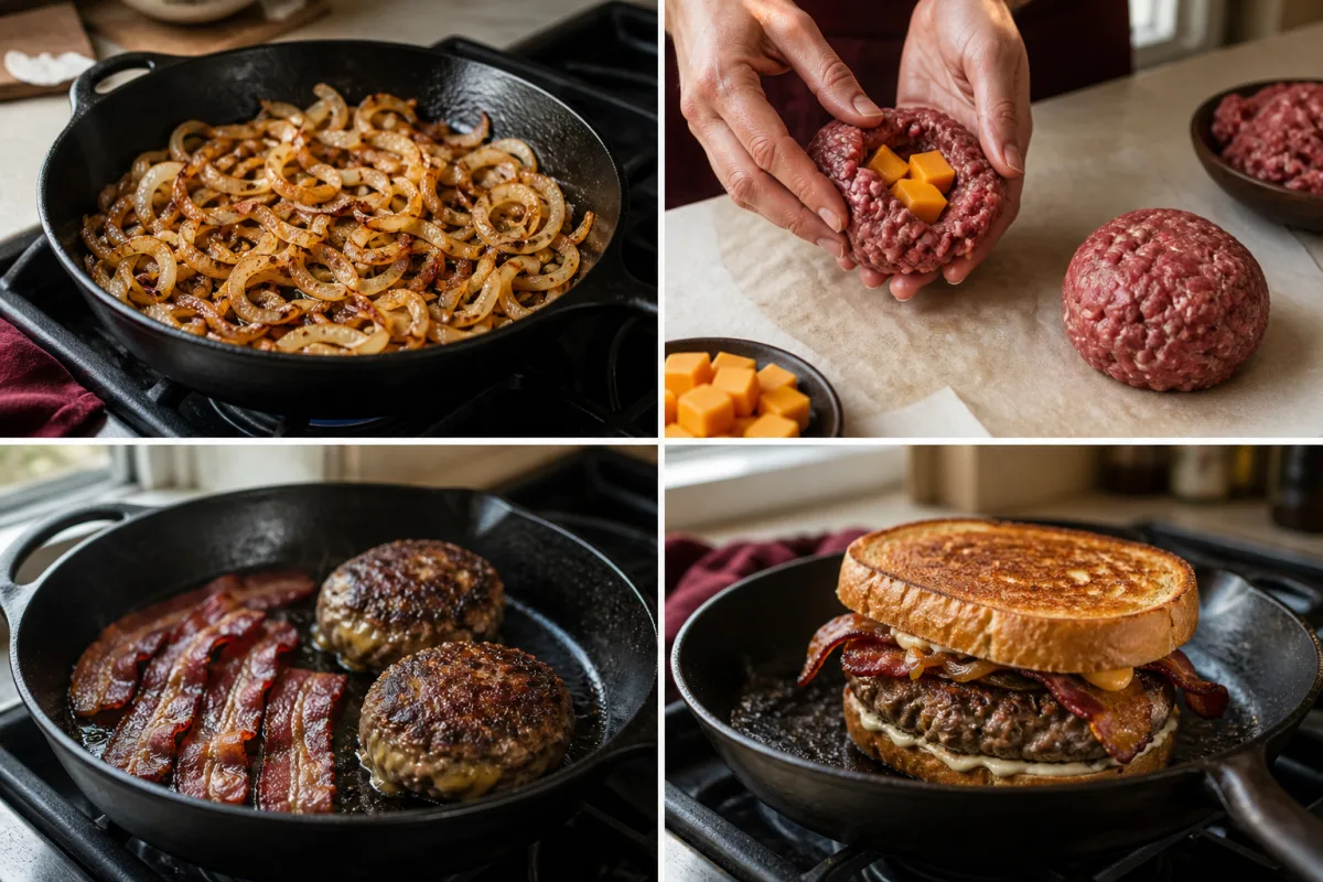 Four stages showing onions caramelized, cheddar cubes sealed inside beef patties, bacon and patties cooked in cast iron, and stuffed patty melt toasted