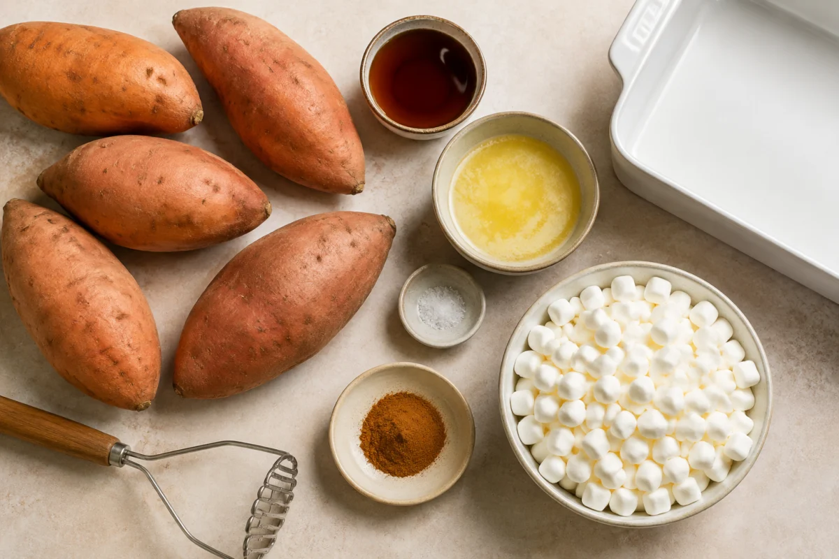 Sweet potatoes, maple syrup, butter, cinnamon, salt, and mini marshmallows arranged for casserole
