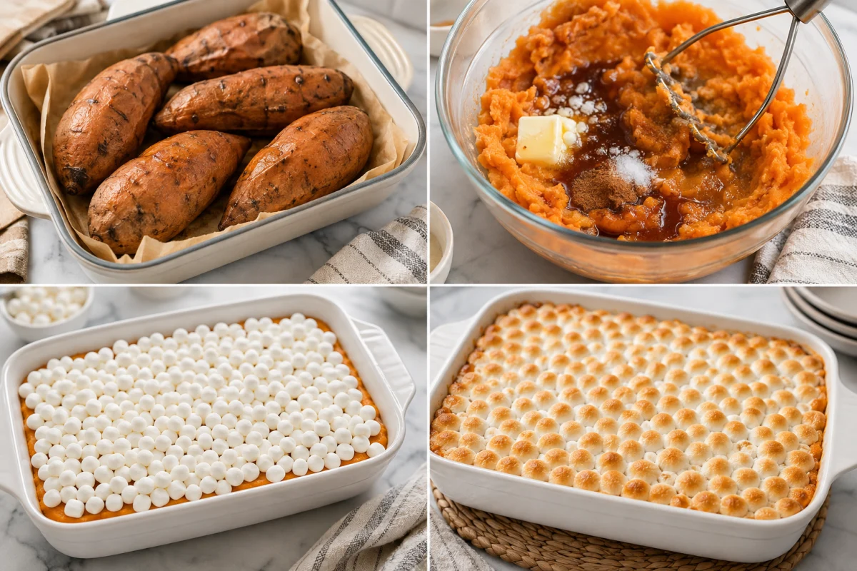 Four stages showing roasted sweet potatoes, mashed filling, marshmallow topping, and finished casserole