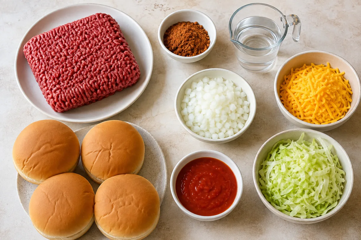 Ingredients for Big Bell Beefer sandwiches with ground beef, taco seasoning, water, cheddar, white onion, lettuce, mild taco sauce, and hamburger buns